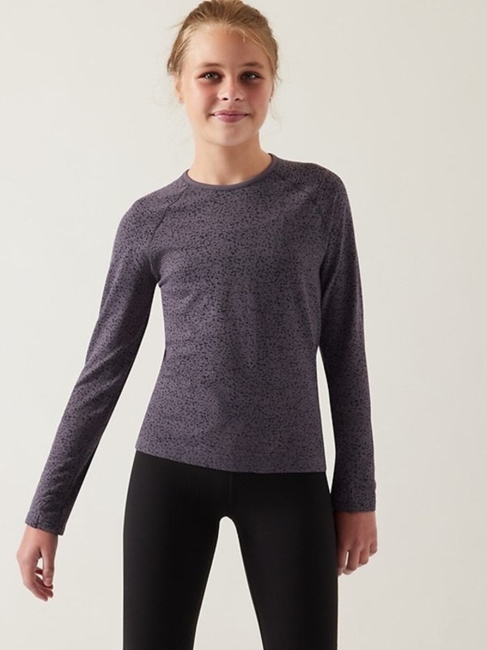Athleta Girl Preppy Gray/Black Power Up Pebble Top Long Sleeve Size Large
